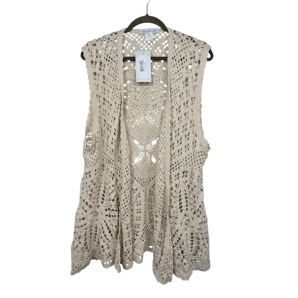 Keren Hart NWT Crochet Lace Sleeveless Vest Womens 2X Beige Boho Cottage Western